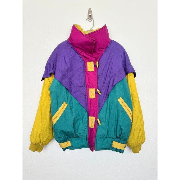 East West Vtg Colorful Retro Full Zip Puffer Bomber Jacket Purple Toggles Medium